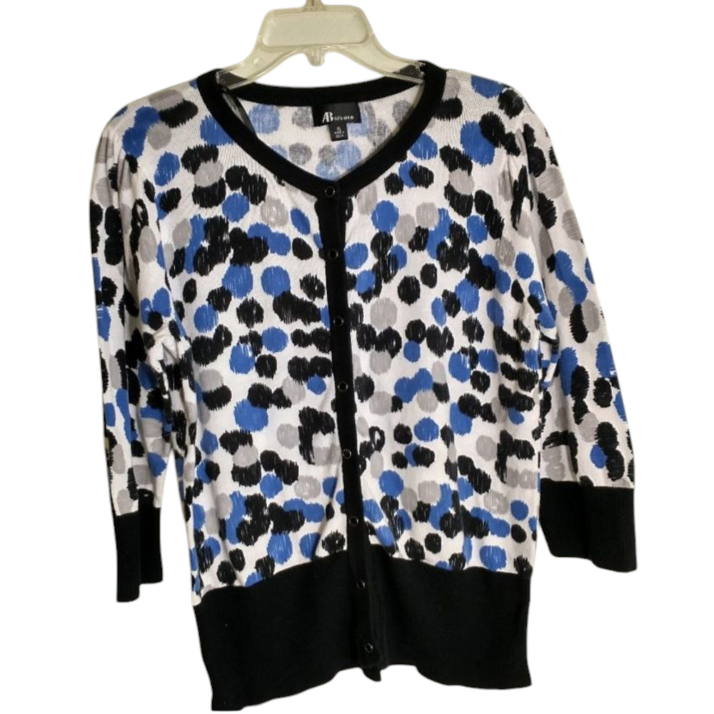 AB Studio Women's XL Cardigan Sweater Multicolor Polka Dot 3/4 Sleeve Cotton - Picture 4 of 16